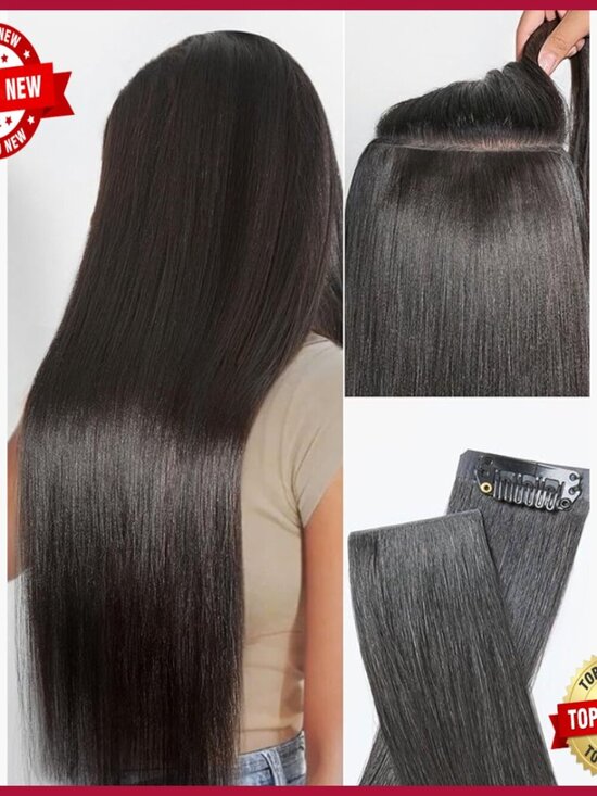 16 Inch Human Hair Clip In Extensions, 110g 6Pcs, Yaki Straight, Invisible Weft